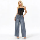 Women's Low Waist Wide Leg Jeans, Grey Blue Washed Denim, Stretchy, Casual Fashion Wide Leg Pants for Female,Yw-1918