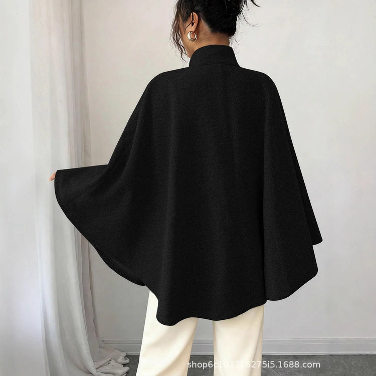 Wool Coat Women Autumn Winter Woolen Jacket Batwing Sleeve Button Lace Up Blends Turtleneck Overcoat Office Lady Outerwear