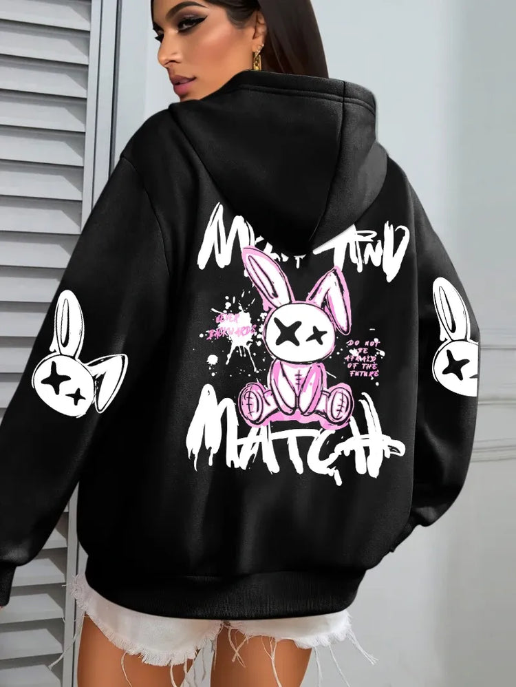 Mix And Match Cartoon Rabbit Prints Women Hoodie Pocket Streetwear Harajuku Loose Hoody All-Match Fleece Female Clothing