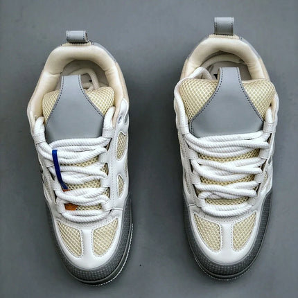 Unisex White‑Grey Mesh Leather Patchwork Low‑Top Sneakers, Geometric Cutout Thick Sole Lace‑Up Street Casual Skate Shoes