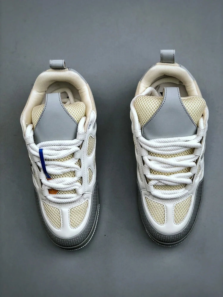 Unisex White‑Grey Mesh Leather Patchwork Low‑Top Sneakers, Geometric Cutout Thick Sole Lace‑Up Street Casual Skate Shoes