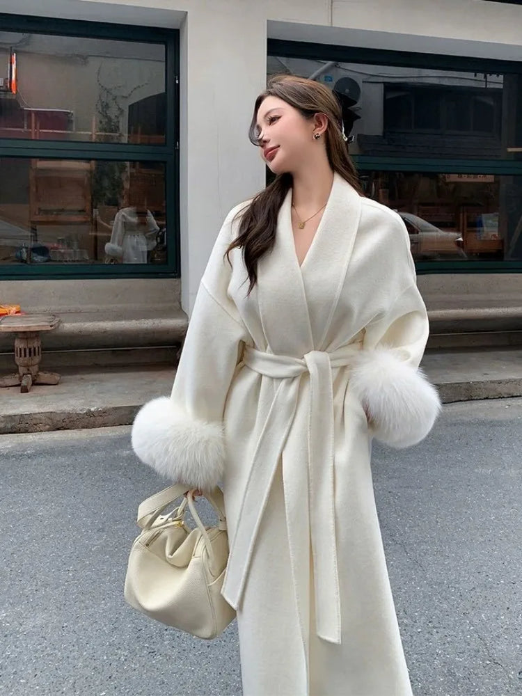Lace Up Lapel Cashmere Wool Coat For Women's Winter Fashion Female Woolen Jackets Fur Long Sleeve Loose Overcoats