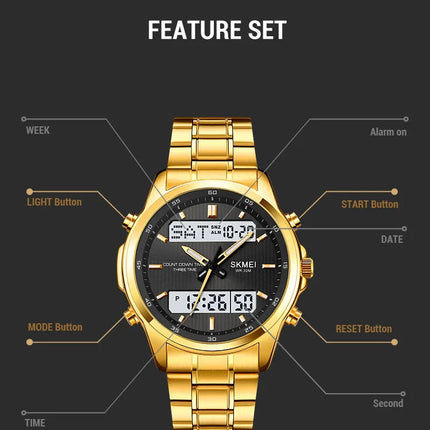 Skmei orologio da polso analogico al quarzo da uomo cinturino in acciaio inossidabile di lusso Led impermeabile digitale sportivo sveglia a tre fusi orari platinumshop