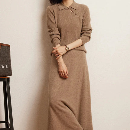 Korean Long Skirt Women's Wave Skirt 100% Cashmere Straight Skirt Knit Autumn Winter Skirt Warm Elegant Casual Knee Length Dress PlatiNum