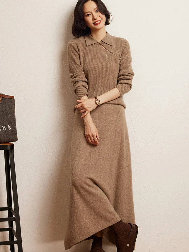 Korean Long Skirt Women's Wave Skirt 100% Cashmere Straight Skirt Knit Autumn Winter Skirt Warm Elegant Casual Knee Length Dress PlatiNum