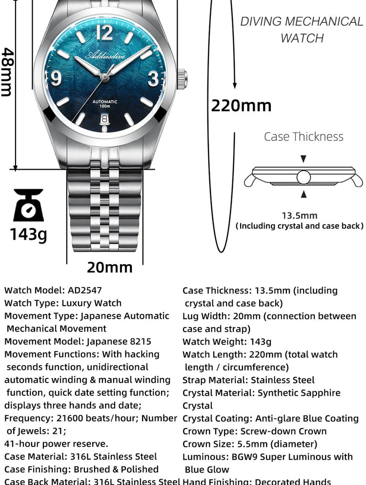 ADDIESDIVE 2026 New Watch 39mm AD2547 Luxury Sapphire Automatic Watch Men Mechanical 8215 BGW9 Luminous 100m Diving Waterproof