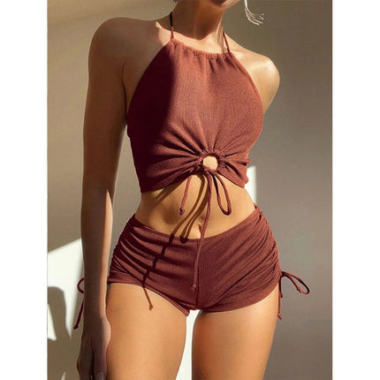 Bikini sexy a vita alta con lacci, set due pezzi da donna, costume da bagno sdoppiato, bikini da spiaggia, nuovo, per tutte le stagioni, tinta unita, senza schienale PlatiNum