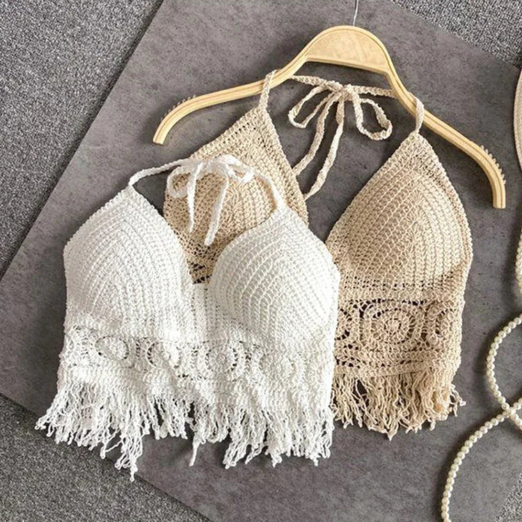 Sexy Boho Beach Holiday Canotta Halter Donna Crochet Maglia Costume da bagno Reggiseno Backless Vest Hollow Nappa Canotta Crop Top da donna platinumshop