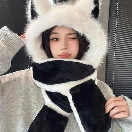 Women's Hat Beanie Balaclava Winter Cap Winter Women's Cute Thickened Fox Plush Hat Scarf Glove Three-in-one Cycling Warmth