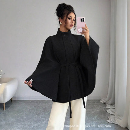 Wool Coat Women Autumn Winter Woolen Jacket Batwing Sleeve Button Lace Up Blends Turtleneck Overcoat Office Lady Outerwear
