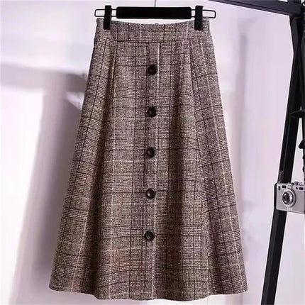 Large Size Women's Autumn Winter Elastic Waist A-line Skirt Woman Skirts Faldas Jupe Korean Retro Plaid Mid-Long Skirts Size 4XL PlatiNum