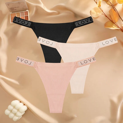 3Pcs/Set Seamless Low Waist Sexy Panties Women Thongs Rhinestones Letter Diamonds G-string Sports Thong Shorts Briefs T-back