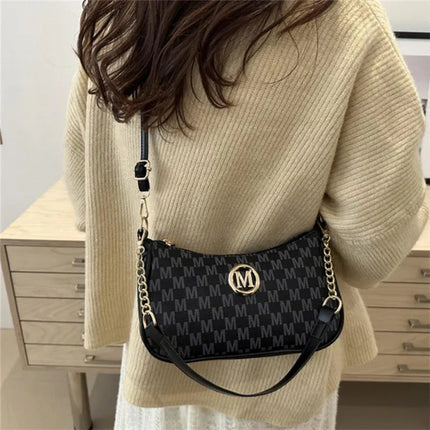 Vintage Style Handbag Crossbody Bag, Gold Letter 'M' Design Pu Leather Shoulder Messenger Bag, Synthetic Leather Tote Bag, Purse PlatiNum