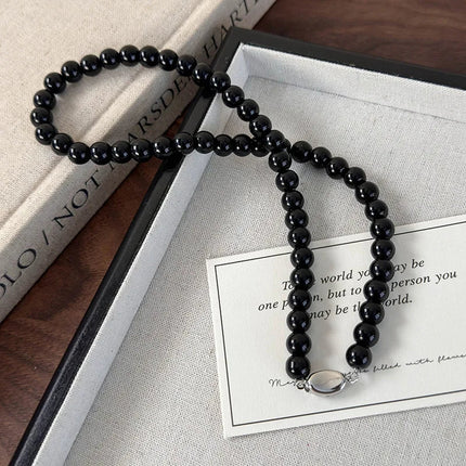 Collana con perline in vetro nero da 6, 8, 10 mm Minar Simple per donna, girocollo con chiusura a T placcata argento, pendenti PlatiNum