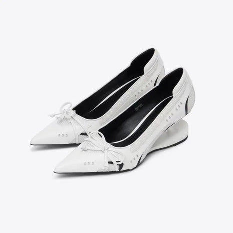 Special Heel Spliced Heels Pointed Toe Heels Women's Fashion Shallow Mouth Bow Non-Slip Mary Jane Single Shoes PlatiNum