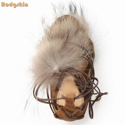 Retro Faux Fur Strappy Sandals Round Toe Cross-tied Stiletto Suede Lace-up Dress Shoes Thin High Heels 2025 Spring New Women