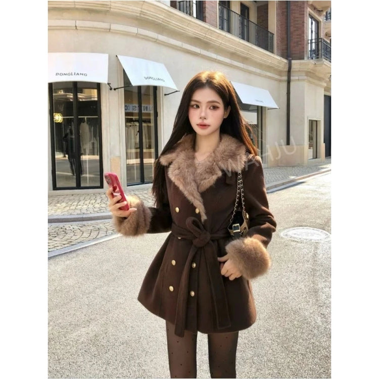 Winter Korean Fashion Wool Coat for Women Slim Fit Double Breasted Belted Fur Collar Jacket Elegant Chic Warm Long Outerwear
