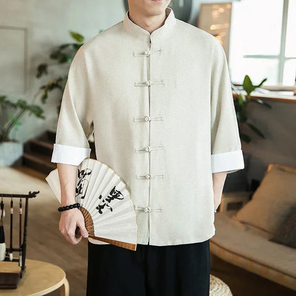 Camicia stile cinese da uomo Tang Suit Lino Kung Fu Cardigan maschile allentato Top Ricamo retrò Camicie kimono samurai giapponesi Streetwear