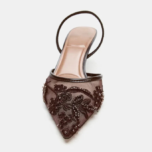 Sexy Pointed Toe Mesh Embroider High Heels for ladies Elegant String Bead pumps Summer Luxury Designer Shoe Brown Heeled Sandals PlatiNum