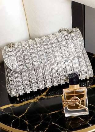 Fashionable Retro Diamond Studded Gold Chain Women's Crossbody Bag Handbag Dinner Bag Underarm Bag Single Shoulder Bag PlatiNum