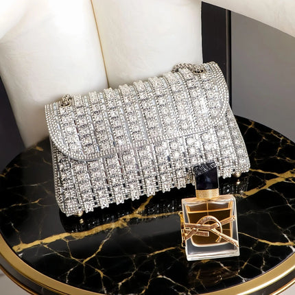Fashionable Retro Diamond Studded Gold Chain Women's Crossbody Bag Handbag Dinner Bag Underarm Bag Single Shoulder Bag PlatiNum