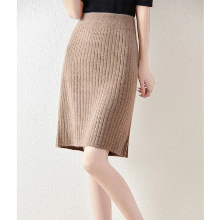 Women's Knitted Skirt 100% Merino Wool Sheath Skirt Solid Color Autumn/Winter Fashion Vertical Strip Wrap Hip Skirt Split Skirt PlatiNum