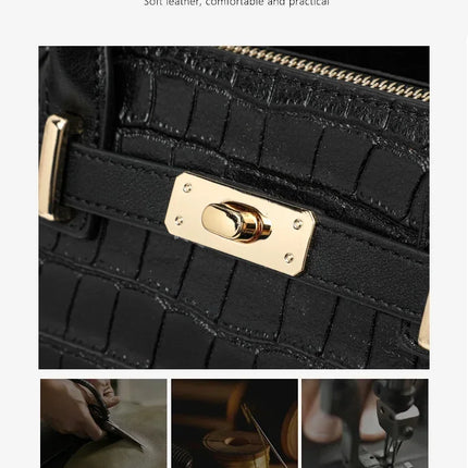 Borsa a Mano in Ecopelle Lucida Effetto Coccodrillo con Fiocco in Seta Stampata e Chiusura a Girello in Metallo, Borsa a Tracolla da Donna con Manico Superiore