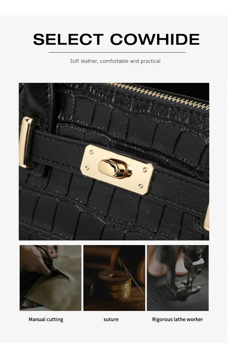 Borsa a Mano in Ecopelle Lucida Effetto Coccodrillo con Fiocco in Seta Stampata e Chiusura a Girello in Metallo, Borsa a Tracolla da Donna con Manico Superiore