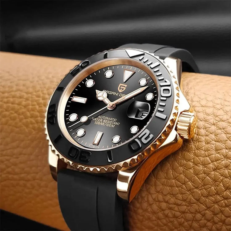 Orologio Automatico Meccanico da Uomo PAGANI DESIGN, Cassa in Oro Rosa, Cinturino in Gomma Nera, Orologio Subacqueo, Vetro Zaffiro, Impermeabile 100M, Luminoso, Data, Orologio Sportivo da Polso da Uomo, Relogio Masculino