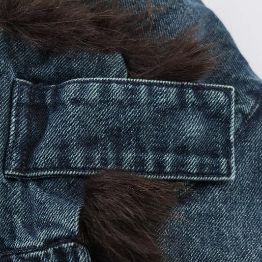 HH Woman Winter Fashion Loose Denim Fabric Faux Fur Collar Long Sleeves Zipper Bomber Jacket Female Casual Warm Short Jacket