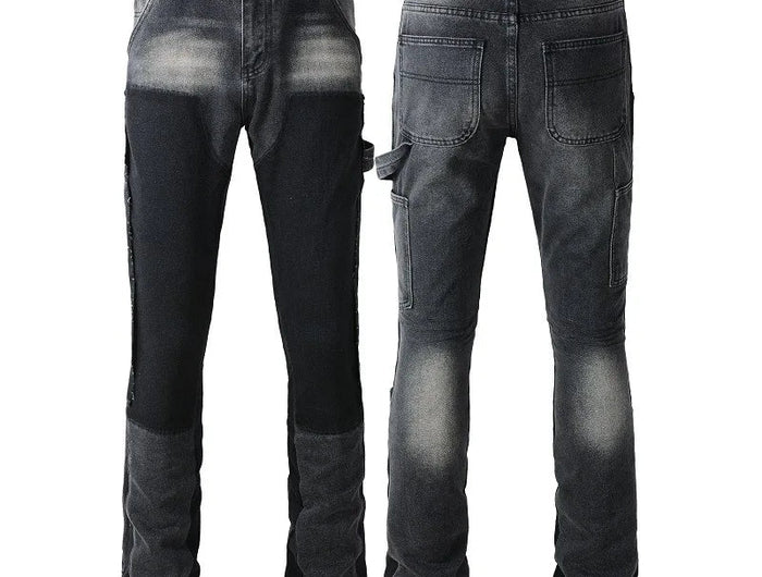 Four Seasons  Men's Casual Spliced Vintage Grey Elastic Jeans Bootcut Pants Trendy Slim Denim Trousers Male Men's Streetwear PlatiNum