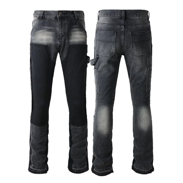 Four Seasons  Men's Casual Spliced Vintage Grey Elastic Jeans Bootcut Pants Trendy Slim Denim Trousers Male Men's Streetwear PlatiNum