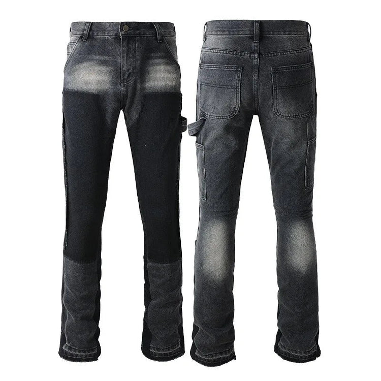 Four Seasons  Men's Casual Spliced Vintage Grey Elastic Jeans Bootcut Pants Trendy Slim Denim Trousers Male Men's Streetwear PlatiNum