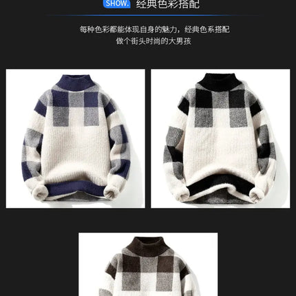 2023 Winter/Autumn Mink velvet High-Quality Fashion Trend Plaid Pattern Sweater Men Casual Loose Warm Sweaters Men Comfortable
