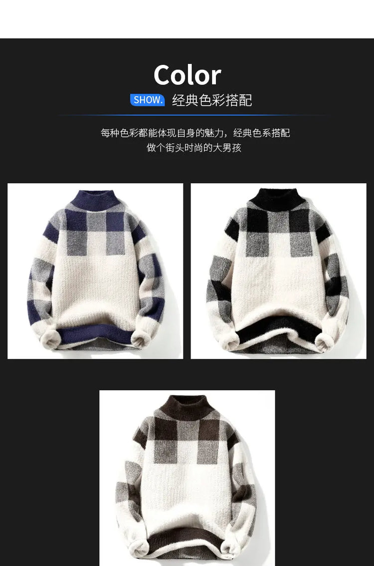 2023 Winter/Autumn Mink velvet High-Quality Fashion Trend Plaid Pattern Sweater Men Casual Loose Warm Sweaters Men Comfortable