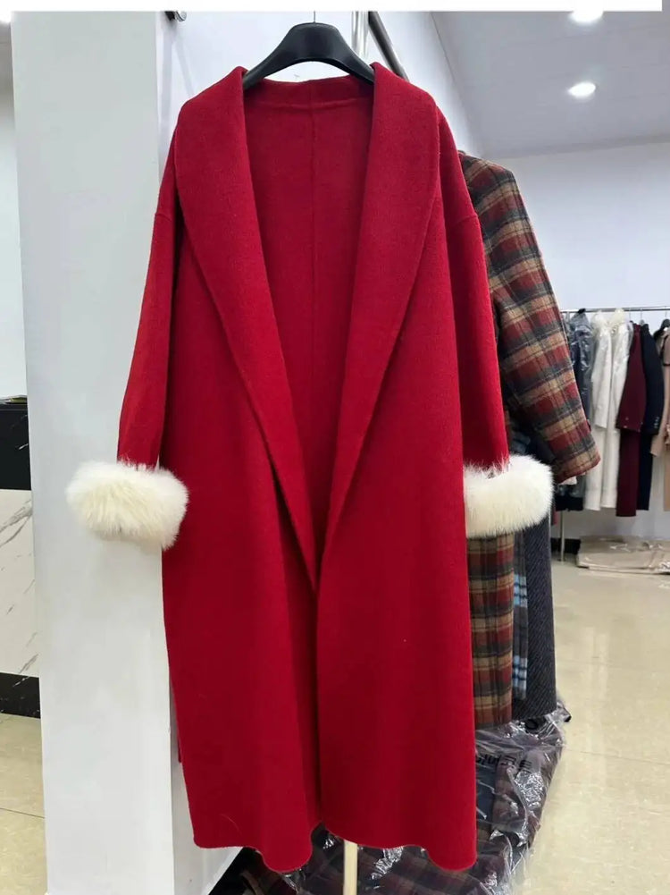BJTZ Fox Fur Classic Long Double-Sided Pure Wool Coat For Women 2025 New Autumn Winter High-End Woolen Jacket