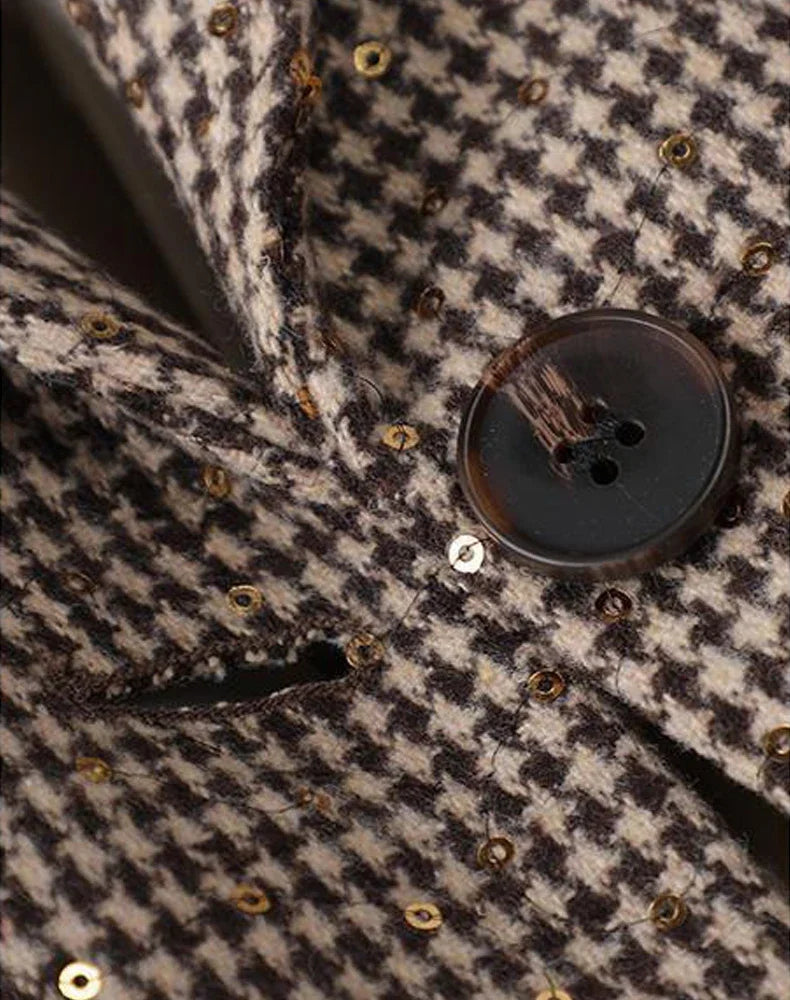 Women's Blazer Two-piece Set Spring Autumn New Fashion Glitter Vintage Suit Jacket Elegant Casual Shorts +Shiny Check Outwear Se