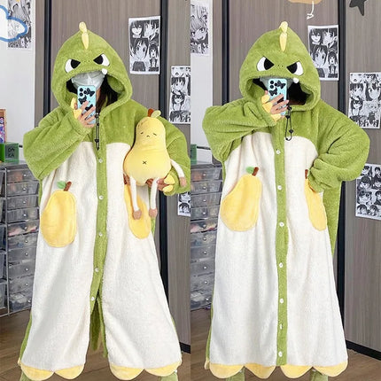Cute Dinosaur Hooded Plush Onesie Pajamas Loose Thick Winter Warm Sleepwear Animal Cosplay Costume Outfits