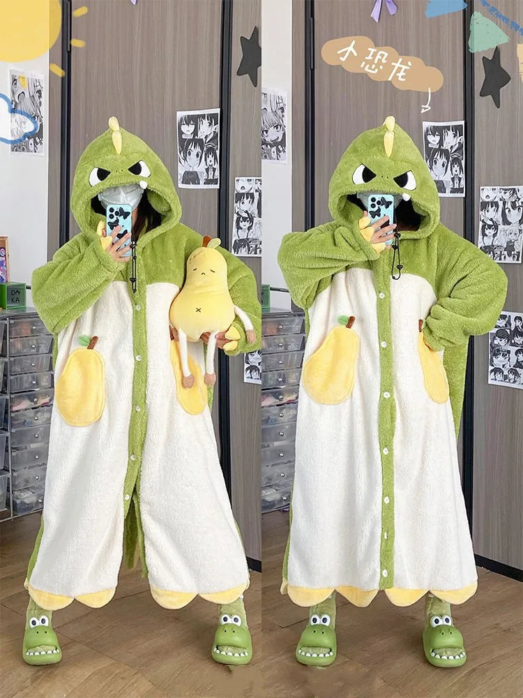 Cute Dinosaur Hooded Plush Onesie Pajamas Loose Thick Winter Warm Sleepwear Animal Cosplay Costume Outfits