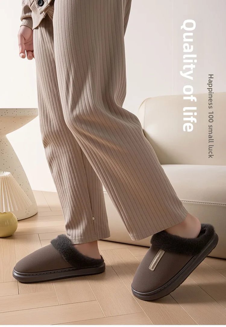 2026 New Large Size Mens Winter Cotton Slippers Thickened Non Slip Sole Indoor Home PU Plush Warm Slippers for Men
