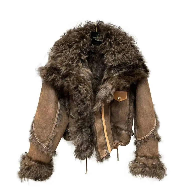 Winter Faux Lambskin Lapel Long-sleeved Inner Liner Thickened Fur One-piece Cotton-padded Jacket Street Fashion Warm Women Coat
