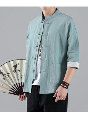 Camicie in Stile Cinese per Uomo, Top Tradizionale Tang in Lino a Mezza Manica, Camicia Kung Fu Hanfu Vintage Casual, Taglie Grandi fino a 5XL