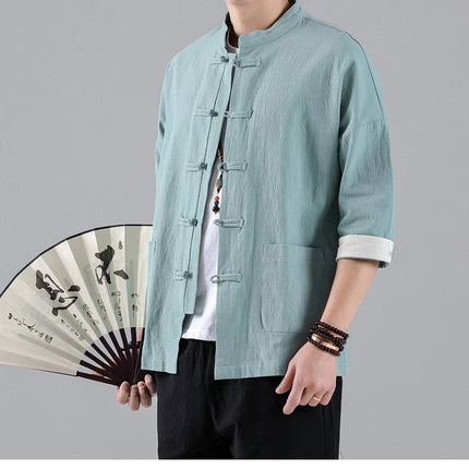 Camicie in Stile Cinese per Uomo, Top Tradizionale Tang in Lino a Mezza Manica, Camicia Kung Fu Hanfu Vintage Casual, Taglie Grandi fino a 5XL