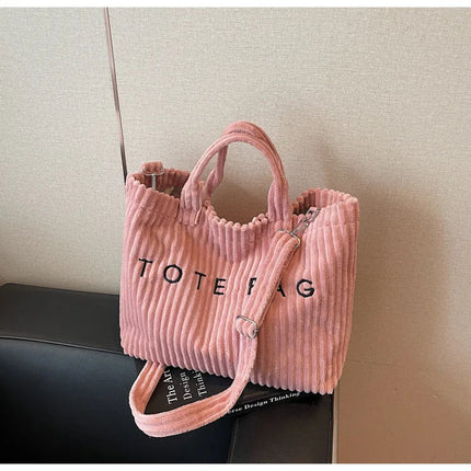 Large Capacity Striped Velvet Handbag Shoulder Bag for Woman Handbags Crossbody Bags, Versatile Letter Corduroy Women's Tote Bag PlatiNum