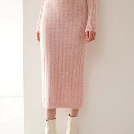 Autumn Winter 100% Cashmere Skirt Women Soild Mid-calf  High Waist Twist Flower Fit Slimming Knitted Dress  Light Luxury Elegant PlatiNum