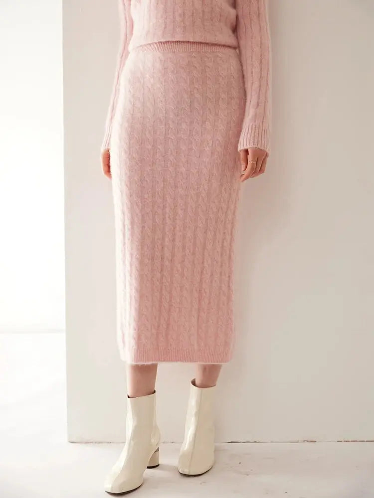 Autumn Winter 100% Cashmere Skirt Women Soild Mid-calf  High Waist Twist Flower Fit Slimming Knitted Dress  Light Luxury Elegant PlatiNum