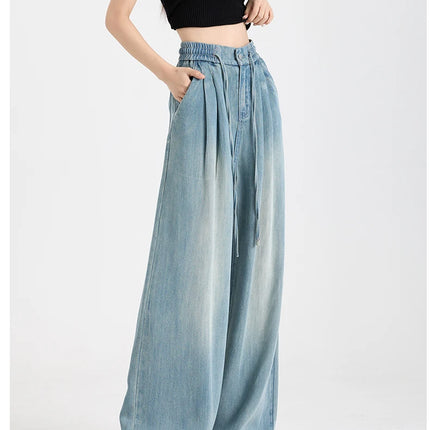 Estate di Lusso Morbido Accogliente 100% Tessuto Lyocell Donna Jeans Allentati Gamba Larga Elastico in Vita Pantaloni Moda Casual Più Lunghezza