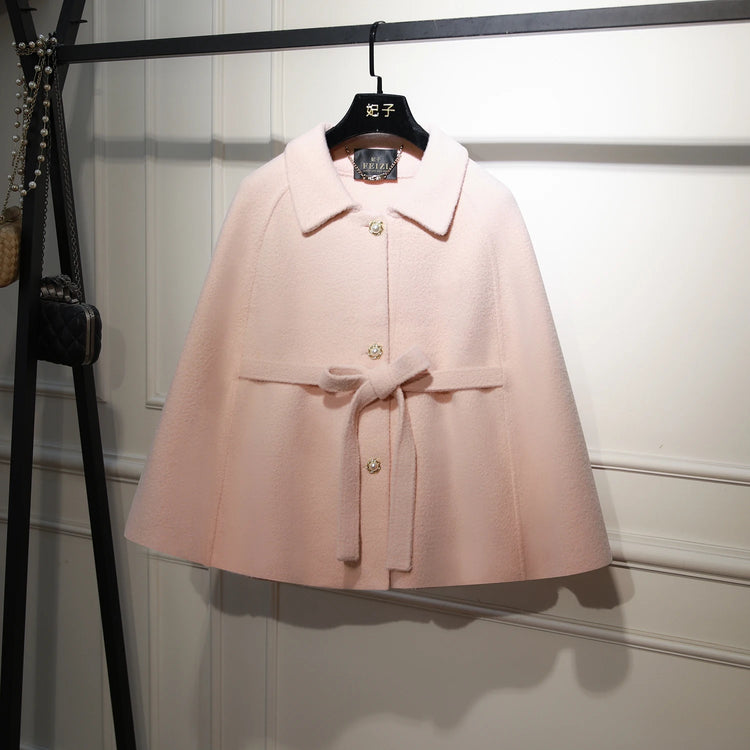 French Elegant temperament Wool Jacket Lapel Sleeveless Single-Breasted Lace-up Bow Casual Short Capes Women Autumn Cloak Coat