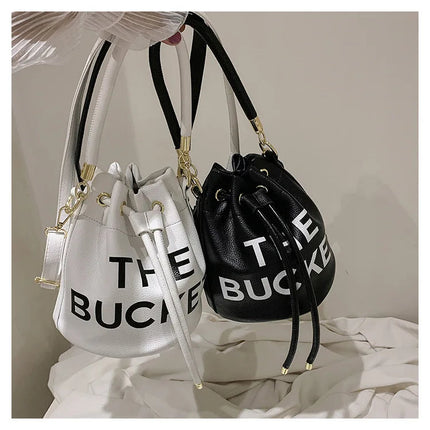 Spring New Fashion Letter PU Leather Bucket Bag Women Simple City Style Shoulder Handbag Trendy Crossbody Satchel Handbag PlatiNum