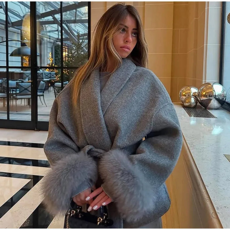 Elegant Lace Up Woolen Short Coat Solid Loose Lapel Furry Long Sleeve Belt Waist Jacket 2026 Spring Autumn Lady Chic Cardigan